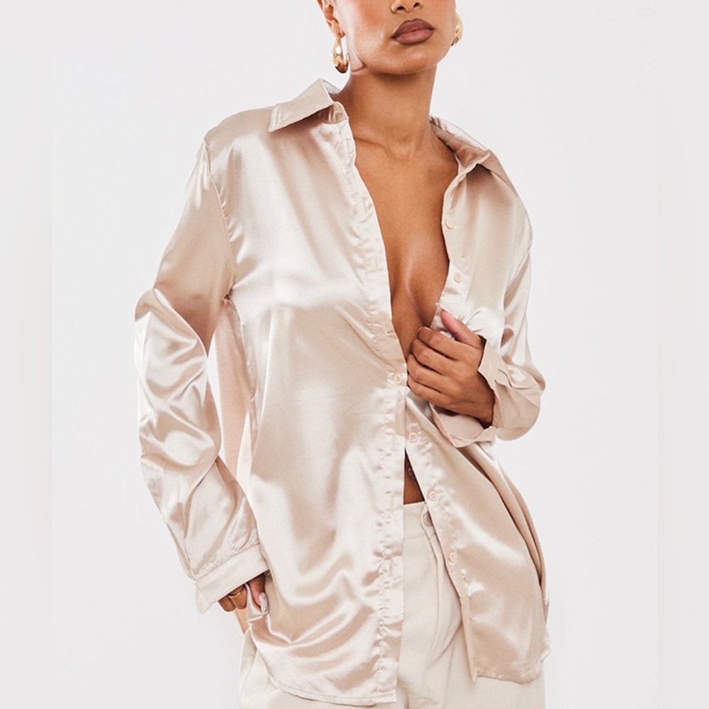 PLT Champagne Satin Button Front Shirt